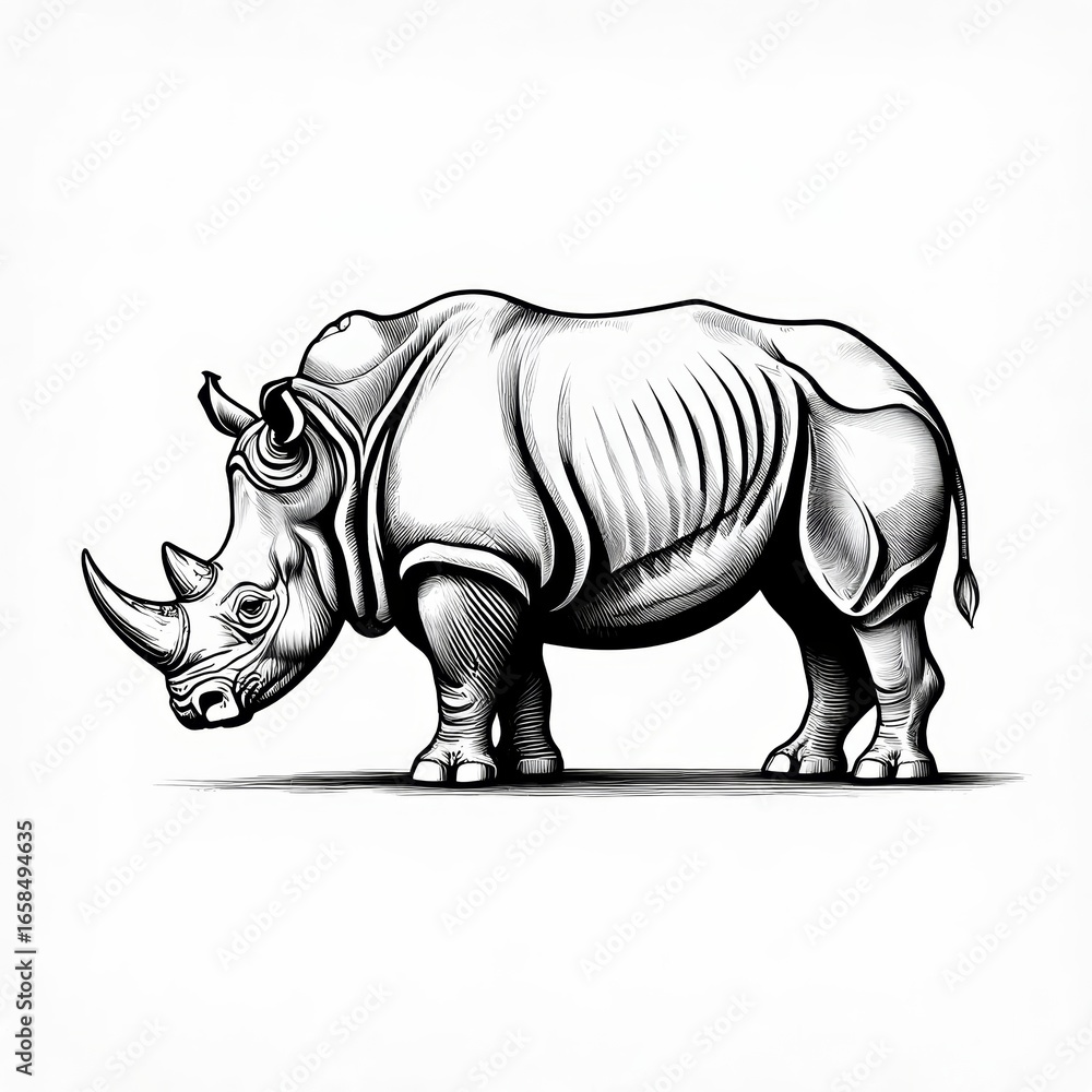 Fototapeta premium Detailed sketch of a rhinoceros standing proudly on a white background