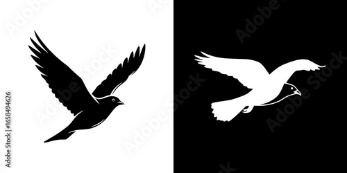 Dynamic black and white abstract illustration featuring graceful birds in soaring flight, symbolizing freedom, peace, and balance in a bold, contrasting design.