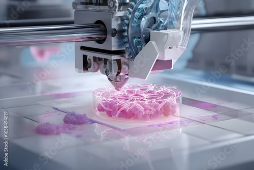 “3D bioprinter creating tissue with pink bioink in lab”
