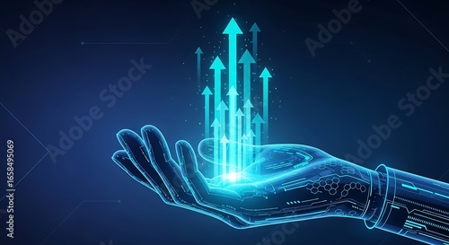 Robotic hand releasing bright blue upward growth arrows symbolizing innovation and future technology