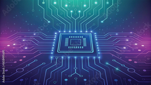 Digital Circuit Board with Glowing Lines and CPU