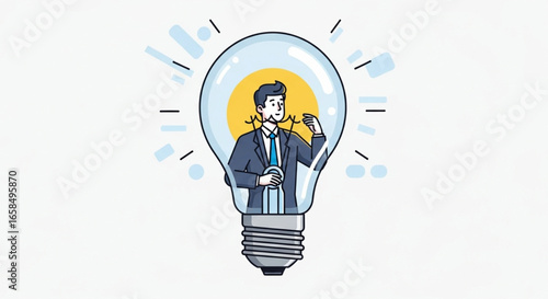 Businessman Trapped Inside Light Bulb, Symbol of New Ideas and Innovation