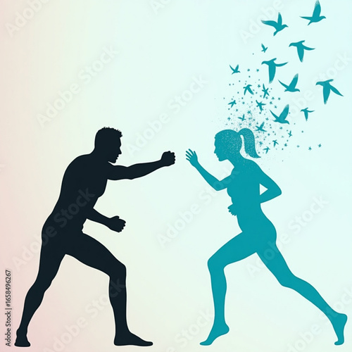 Internal struggle and liberation a man's assertive stance meets a woman's graceful escape as birds fly free, symbolizing mental freedom and overcoming adversity