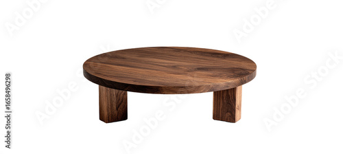 Dark brown wooden circular coffee table with simple, sturdy base