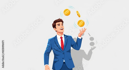 Businessman juggling three gold coins in the air, symbolizing multitasking.