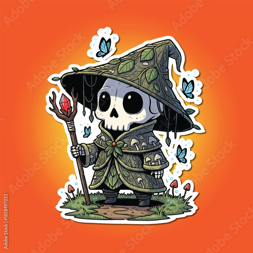 Cute skeleton wizard in a leafy cloak and hat, holding a crystal staff, surrounded by butterflies and mushrooms, fantasy cartoon illustration.
