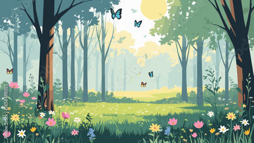 Picturesque forest scene with flowers and colorful butterflies in sunlight