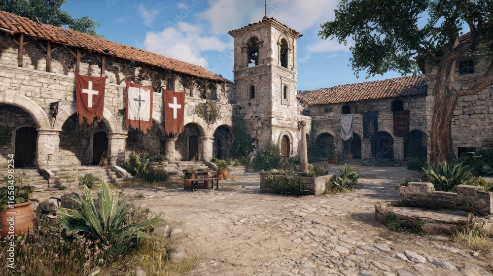 Obraz premium Medieval courtyard, stone buildings, flags