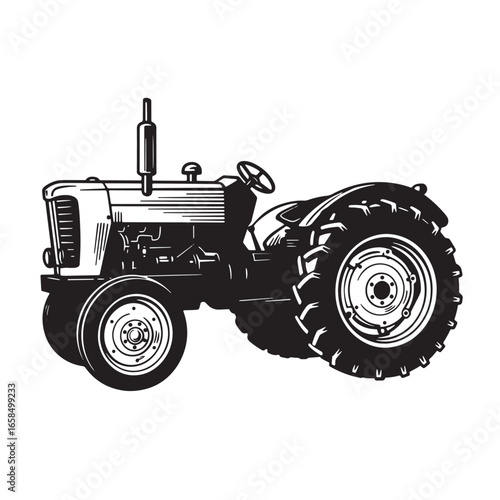 Classic tractor illustration featuring detailed outline in bold black and white vector style
