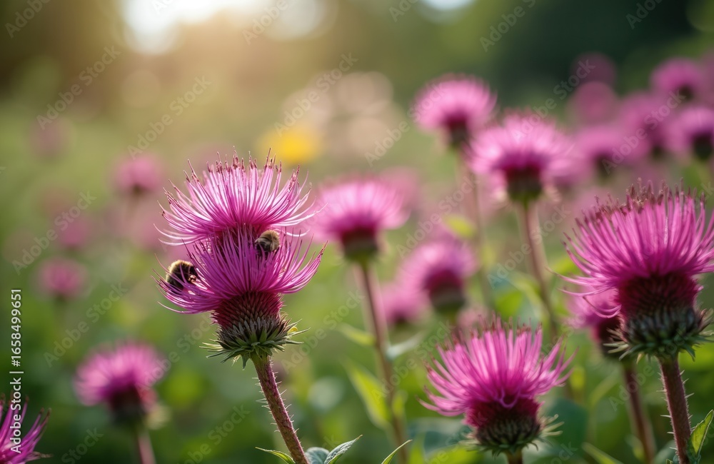 Obraz premium Pink Monarda flowers, also known as bee balm bergamot, bloom vibrantly in summer garden. Bees seen collecting nectar from purple-pink blossoms. Plant appreciated for aroma, medicinal properties,