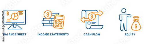 Financial statement icon set vector concept with icon of balance sheet, income statement, cash flow and equity 