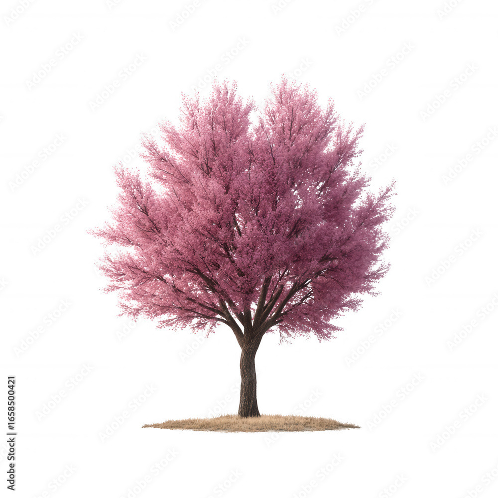 Fototapeta premium Vibrant pink tree with lush foliage on a natural ground, ideal for nature-themed projects, illustrations, or decorative purposes.