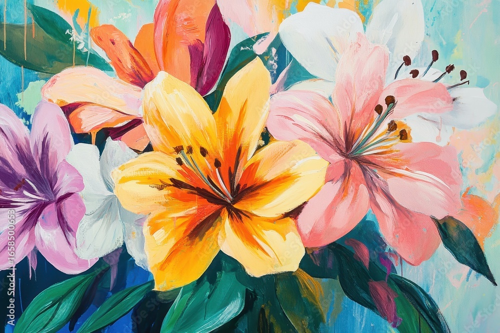 Fototapeta premium Vibrant impressionist oil painting of a lily bouquet