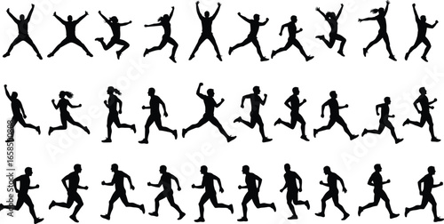 Running and jumping people silhouettes vector illustration of fitness exercise, jogging, athletes training, active lifestyle sport movement isolated icons