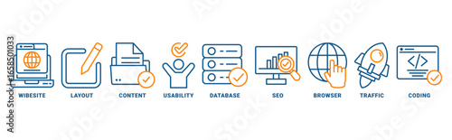Web Design icon set vector concept with icon of wibesite, layout, content, usability, database, seo, browser, traffic, coding 