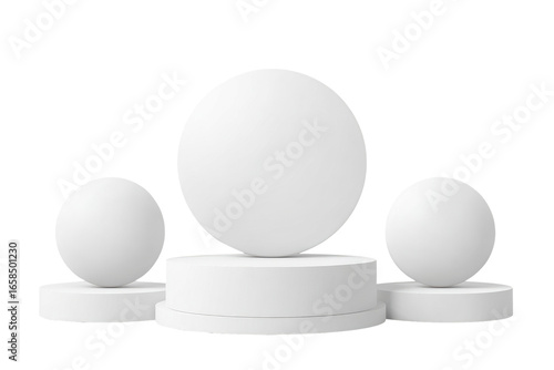 Three white spheres on stacked white pedestals