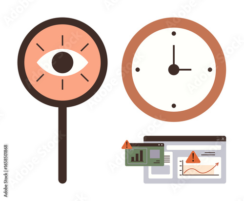 Enlarged eye, clock, and data screens with warning signs emphasize monitoring, alerts, analysis, and timely decisions. Ideal for project tracking, productivity, security strategy risk evaluation