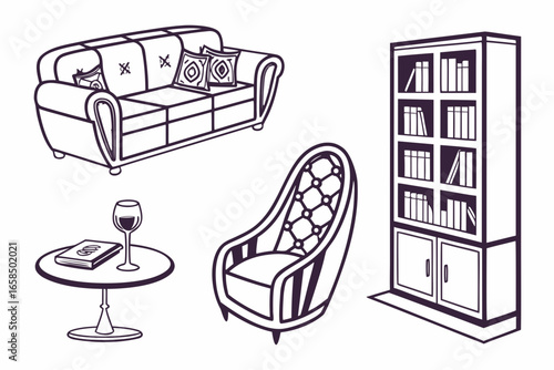 Cozy living room furniture set with sofa armchair bookshelf and side table