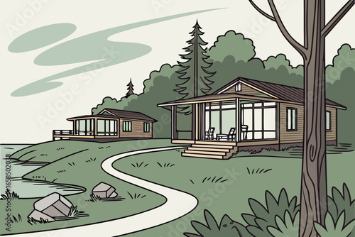 Idyllic cabins nestled on a grassy hillside overlooking a tranquil lake