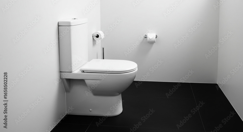 Fototapeta premium Modern clean white toilet in minimalist bathroom with black floor and white walls