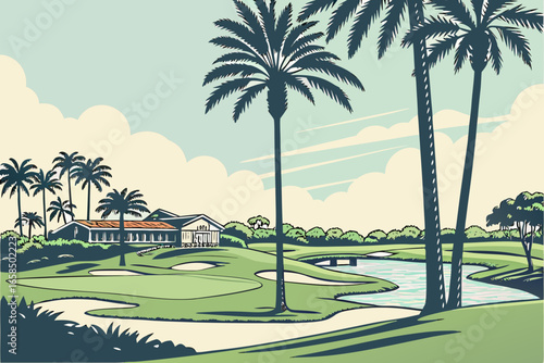 Tropical golf course with palm trees and clubhouse