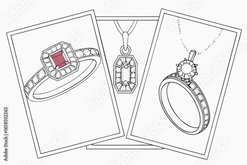 Jewelry design sketches featuring rings and pendant