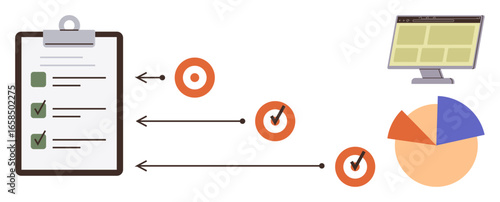 Clipboard checklist, target goals with checkmarks, pie chart, and computer screen linked by arrows. Ideal for productivity, planning, strategy, data workflow efficiency goal setting. Minimal flat