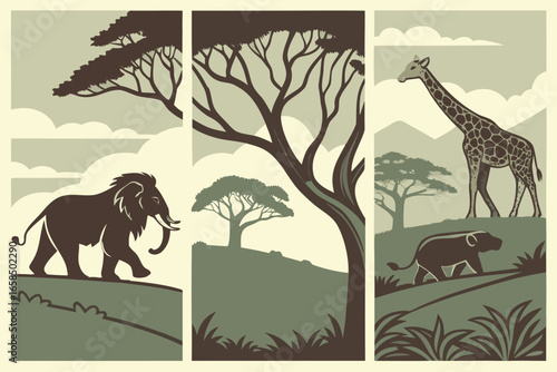 African savannah wildlife scene with elephant giraffe and lion