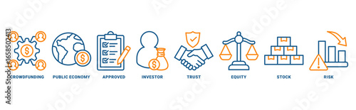 IPO (Initial Public Offering) icon set vector concept with icon of crowdfunding, public company, approved, investor, trust, equity, stock, risk 