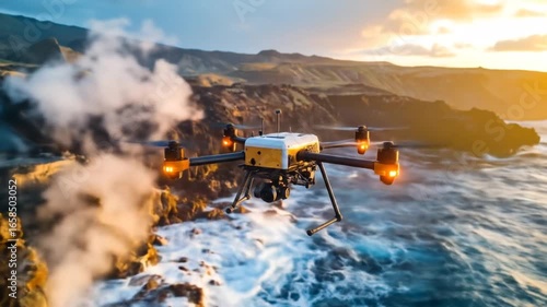 Wallpaper Mural Drone Flight Over Coastal Waves: Aerial Exploration at Sunset Torontodigital.ca