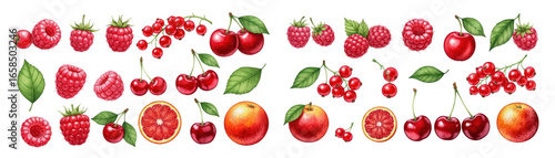 Colorful array of berries and citrus fruits featuring red raspberries, cherries, and oranges.