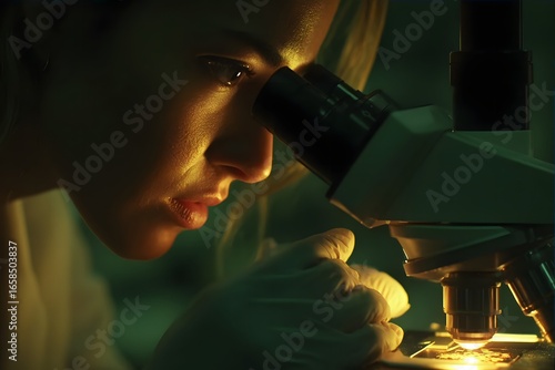 “Scientist using microscope in laboratory, researching samples with focused lighting”
