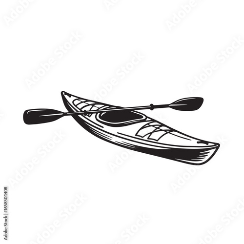 Illustrated black and white kayak with paddle depicting recreational watersport activity