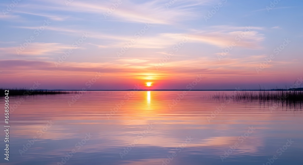 Obraz premium Scenic Lake Sunset with Vibrant Colors and Peaceful Reflections on the Water