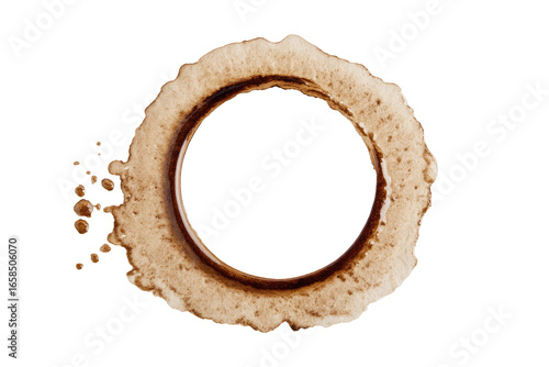 Circular coffee stain, ring-shaped, isolated on black.  A perfect circle of dried coffee, with a lighter-brown, slightly irregular edge.  A small cluster of coffee droplets forms at the bottom