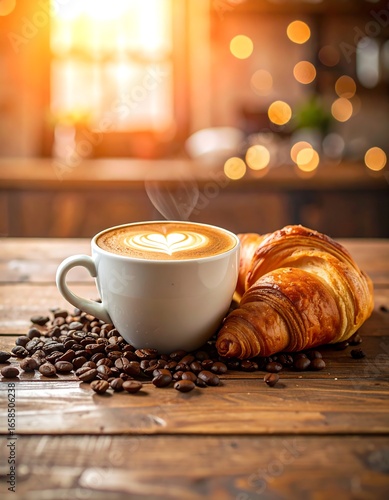 Latte and croissant on rustic wooden table