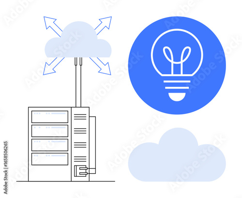 Cloud linking to server with expanding arrows, overlapping light bulb symbol for innovation, data sharing. Ideal for tech, IT, innovation, network, cloud computing, connectivity simple landing page