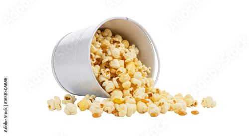 Delicious popcorn spilling from a white bucket in a close-up shot transparent background