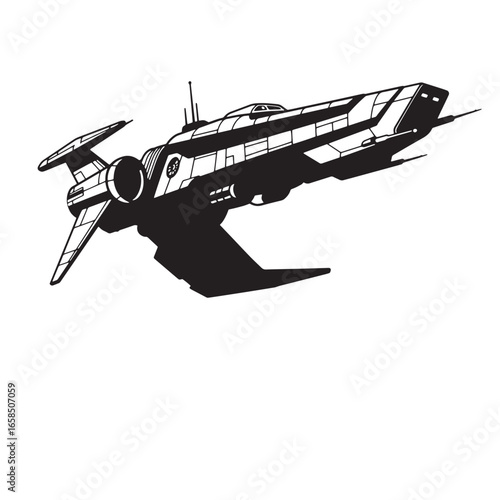 Stylized silhouette of a futuristic spaceship flying against a bright white background