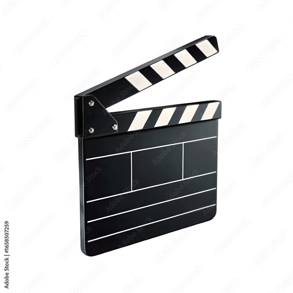 Fototapeta premium A black film clapperboard with white and black stripes on the hinged top section, isolated on a transparent background, symbolizing the start of a movie production or scene