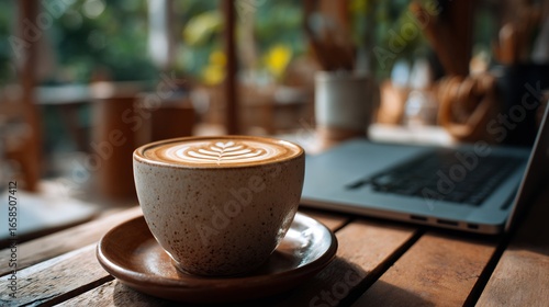 Fototapeta Naklejka Na Ścianę i Meble -  Coffee shop latte art cozy atmosphere laptop lifestyle