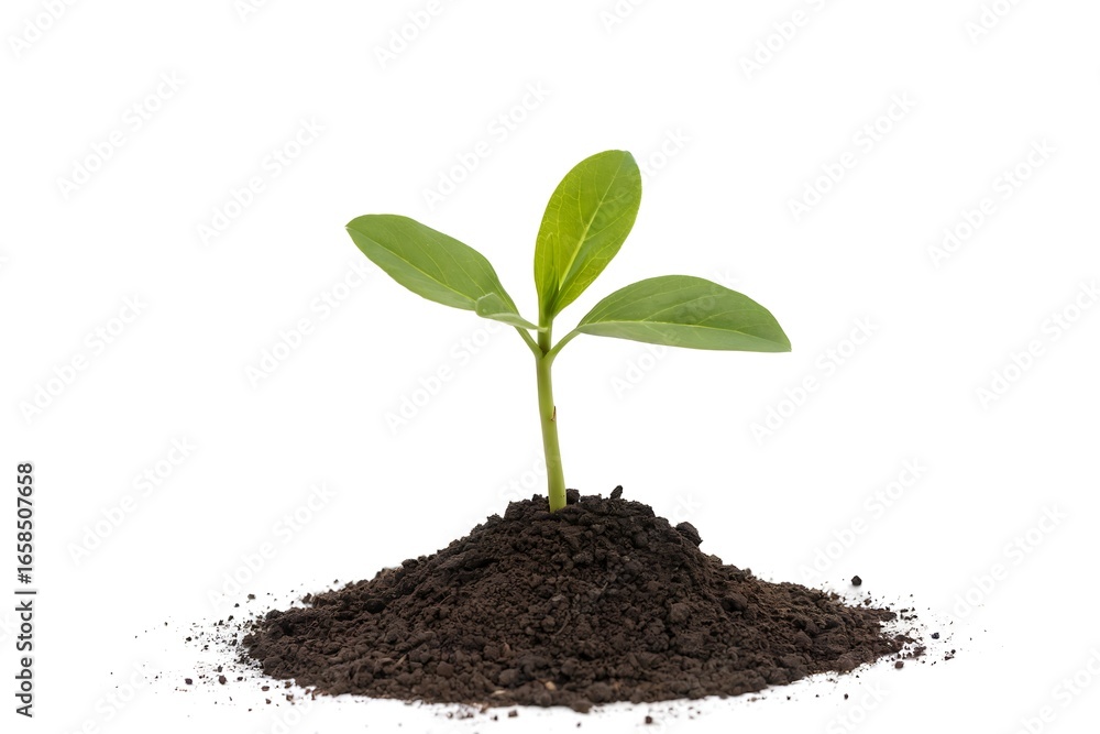 Fototapeta premium A young green plant sprout emerging from a pile of dark soil, symbolizing new life, growth, and hope, isolated on a white background