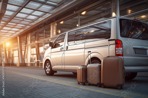 Airport shuttle van parked in designated pickup area, passenger boarding with luggage, transport service concept.