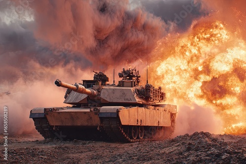 Abrams main battle tank in action on battlefield