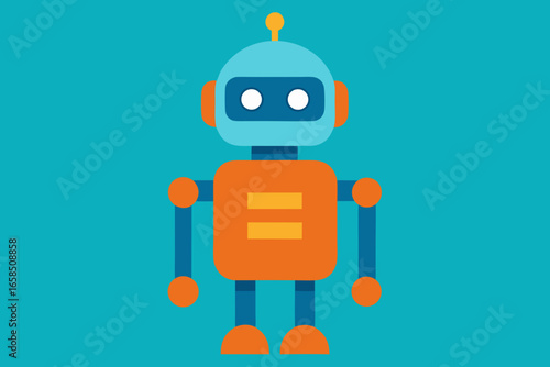 Friendly cartoon robot with blue head and orange body