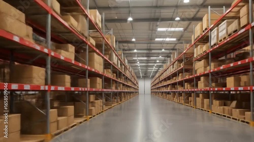 Warehouse with cardboard boxes inside on pallets racks, logistic center. Huge, large modern warehouse. Warehouse filled with cardboard boxes on shelves.. warehouse shelves with boxes