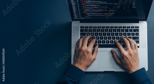 Close-up of hands typing on a laptop keyboard with code displayed on screen for technology and programming concepts