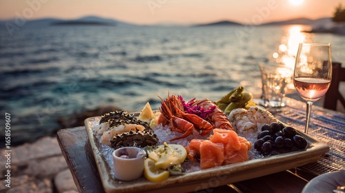 Fototapeta Naklejka Na Ścianę i Meble -  Croatian seafood platter Adriatic coast sunset background