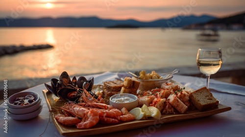 Fotografie Croatian seafood platter Adriatic coast sunset background