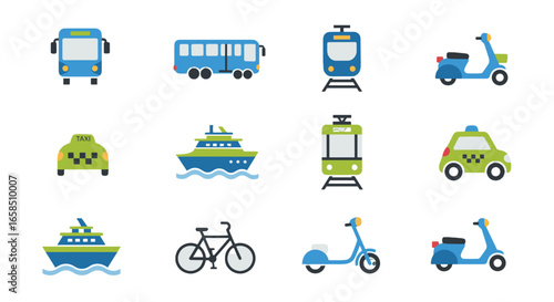 Illustration of various transportation methods including bus train taxi boat bicycle and scooter icons arranged nicely on transparent background